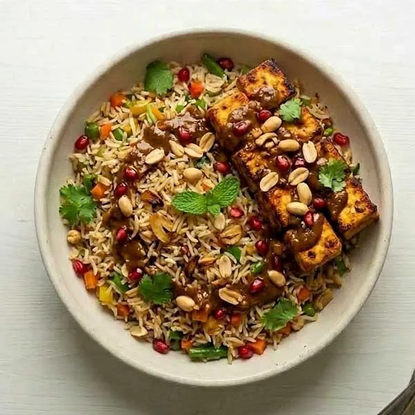 Paneer satay with burnt garlic fried rice